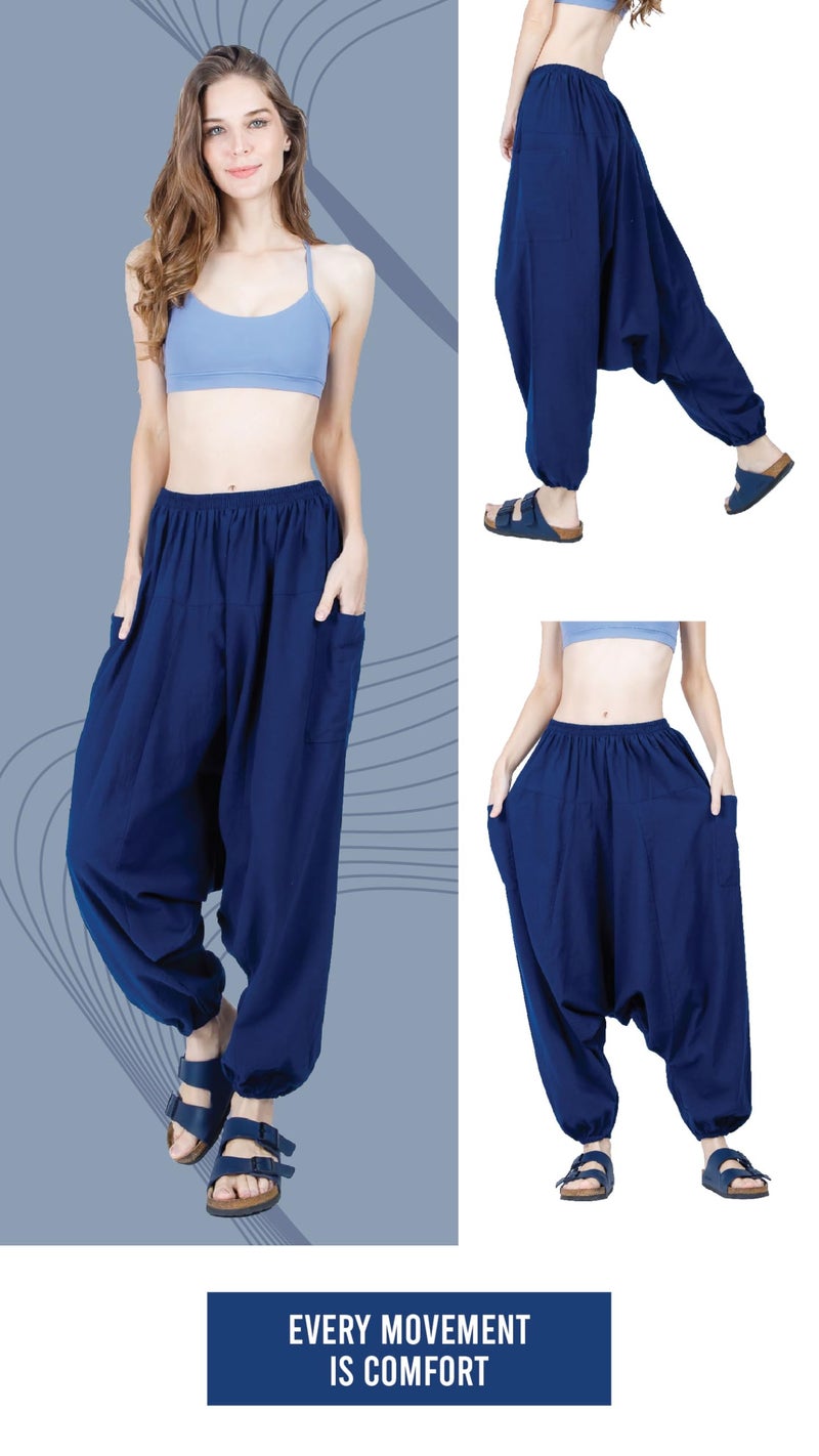 CandyHusky Women Cotton Harem Pants Casual Elastic Waist Boho Pants ComfortSoft - Blue - Image 2